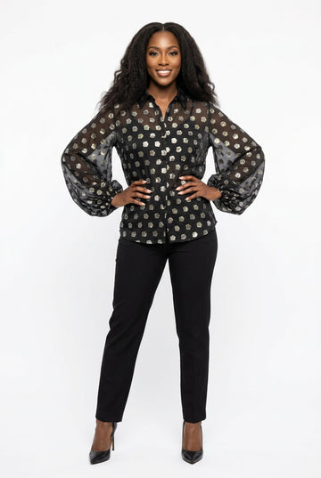 BLK/SILVER PUFF SLEEVE TOP