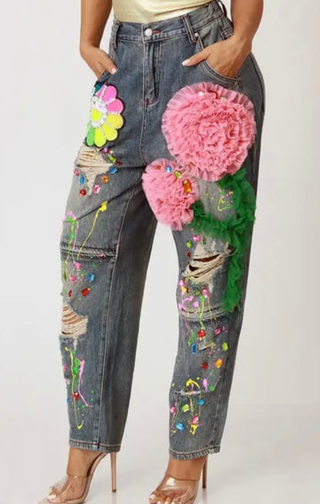 Pink Flower Graffiti Jeans