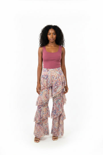 Tan Print Ruffle Pants