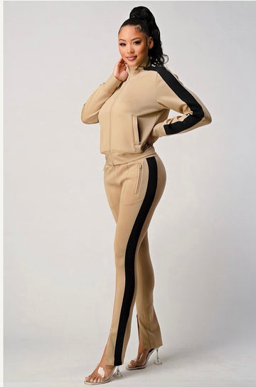 Tan Sweatsuit W/Black Trim