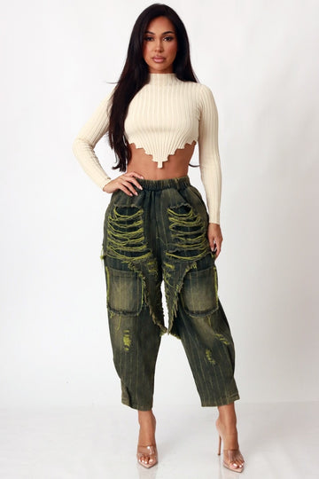 Green Denim Capri