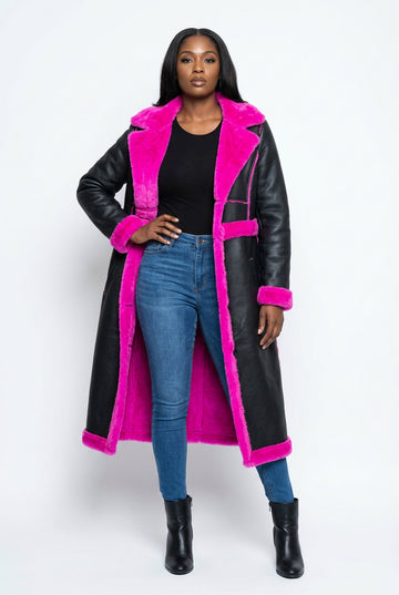 Faux Leather/Fur Trim Coat