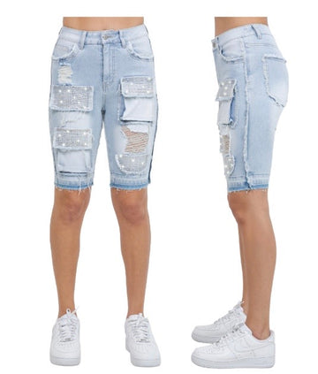 Pre-Washed Denim Bling Shorts