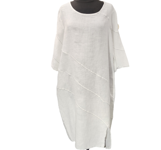 White Linen Dress w/Stitching -Upto L