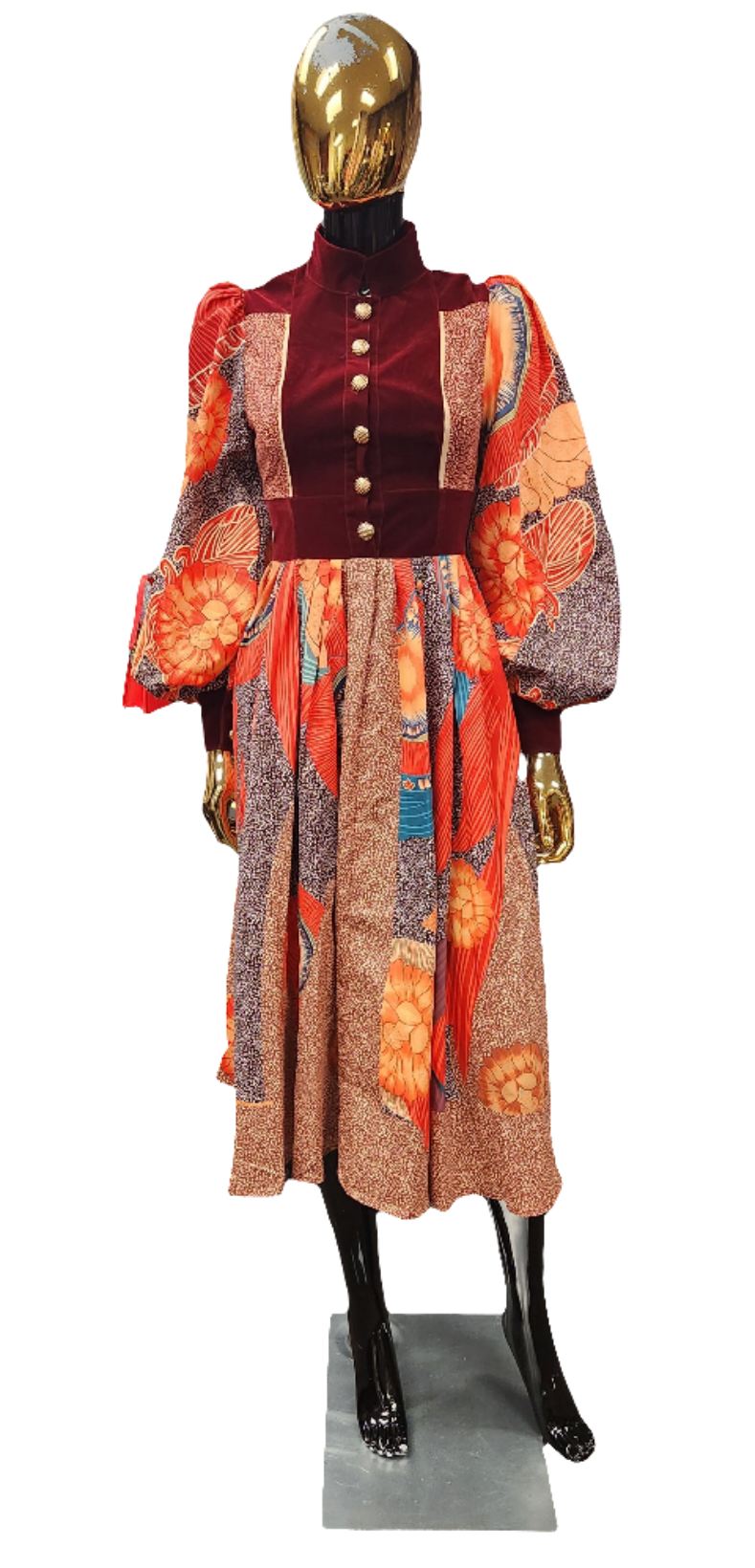Orange Floral Print W/Velvet Dress