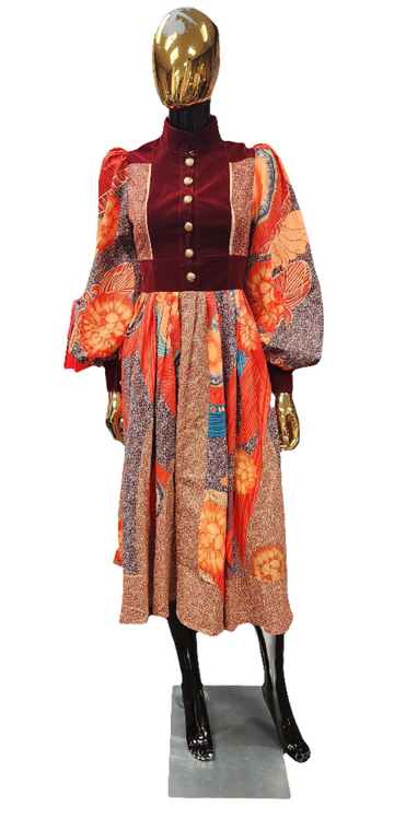 Orange Floral Print W/Velvet Dress