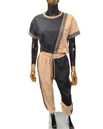 Tan/Black Print 2PC Pants Set