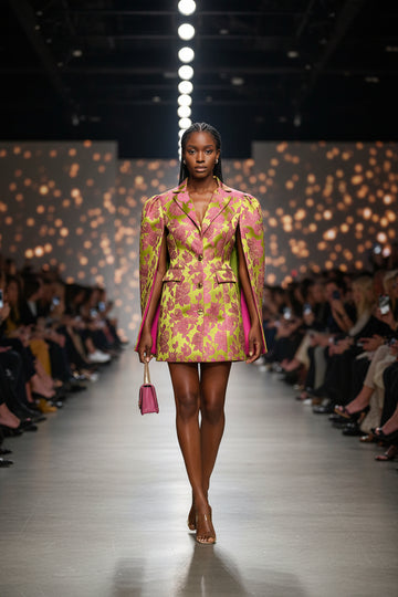A women's tailored blazer displayed on a dress form mannequin in a retail boutique. The blazer features a vibrant pink and lime green floral jacquard pattern with structured shoulders and a button front.