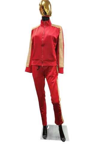 Red Sweatsuit W/Tan Trim