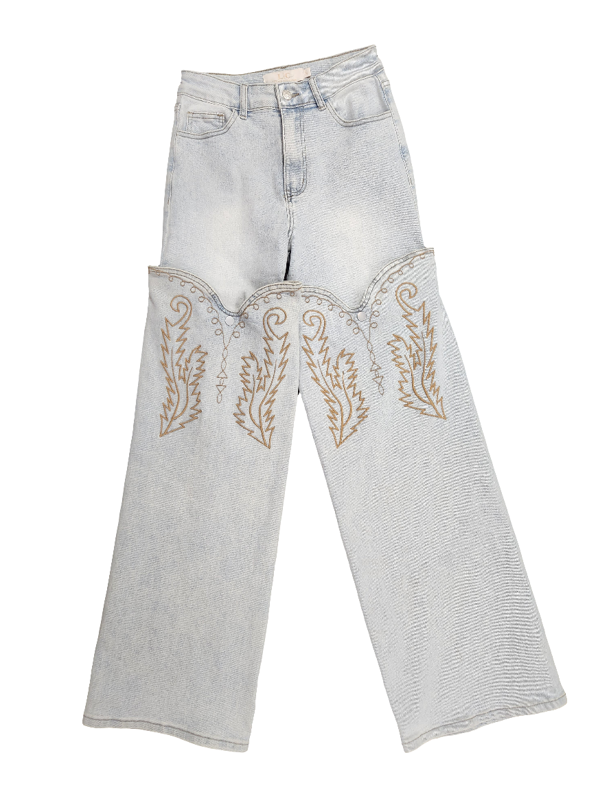 Denim/ Tan Embroidered Jeans