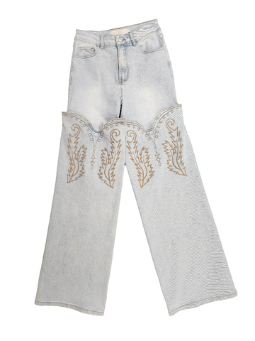 Denim/ Tan Embroidered Jeans