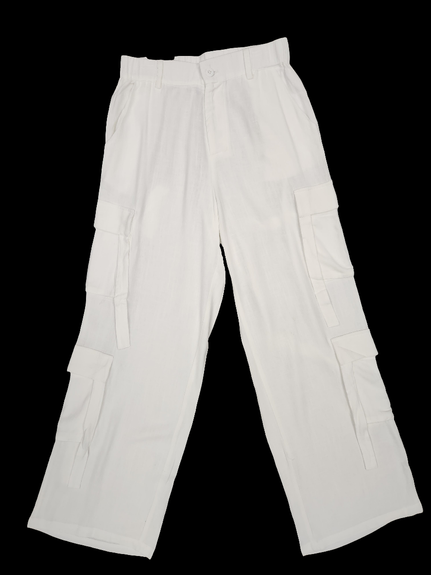 AB White Linen Cargo Pants
