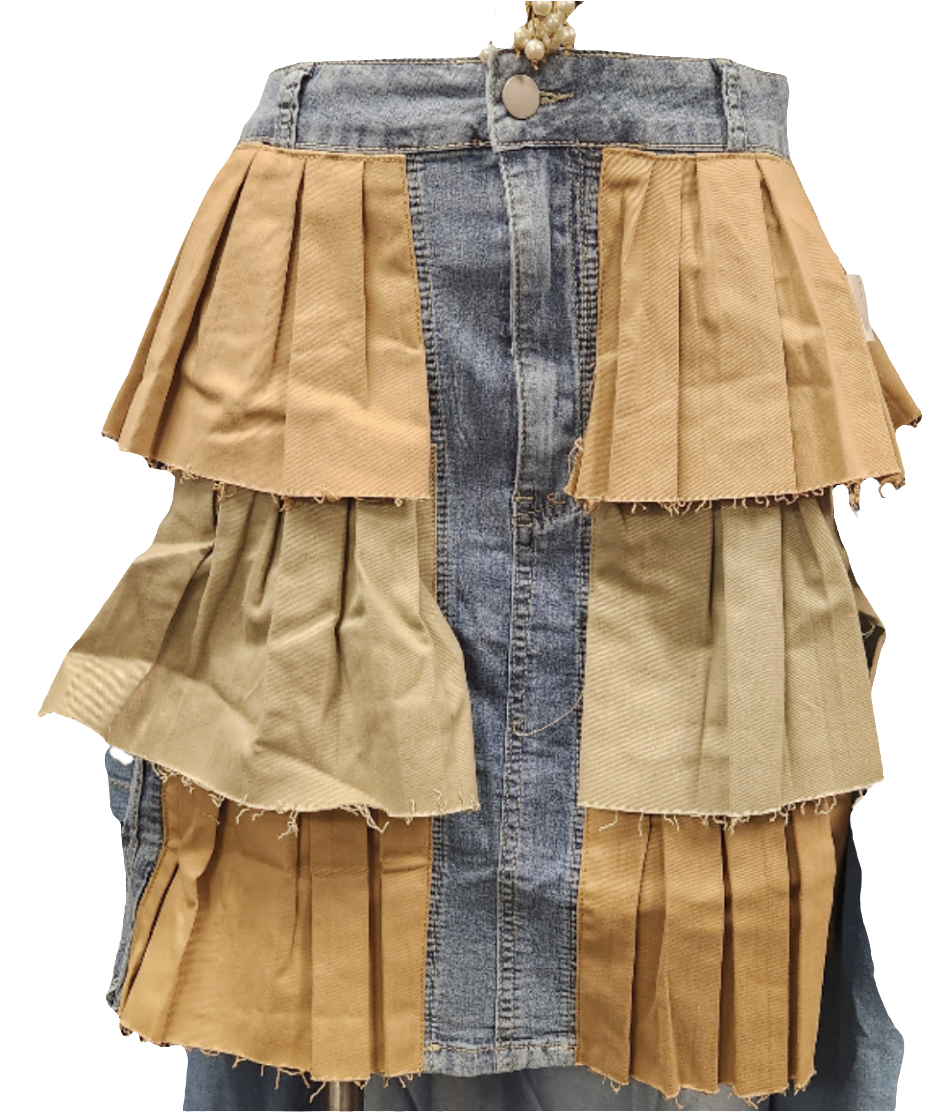 Denim/KHAKI PLEATED SKIRT