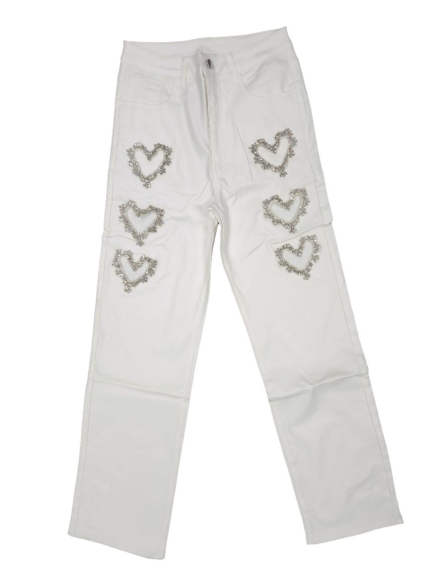 White Metallic Heart Pants