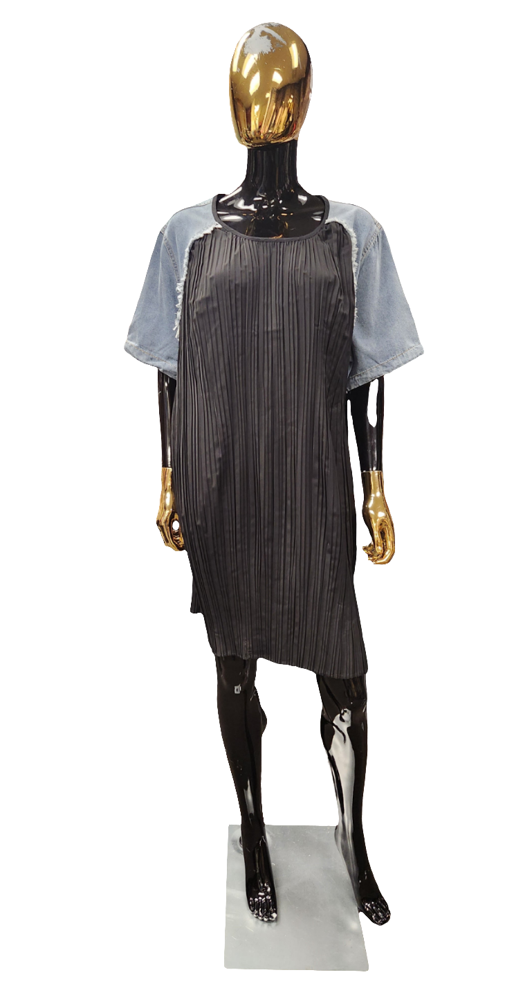 Pleated Denim Sleeve Dress
