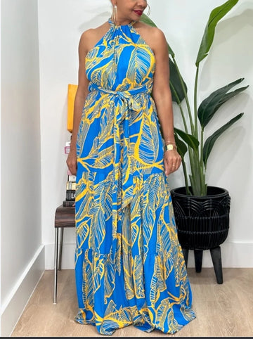 Blue/Mustard Halter Dress