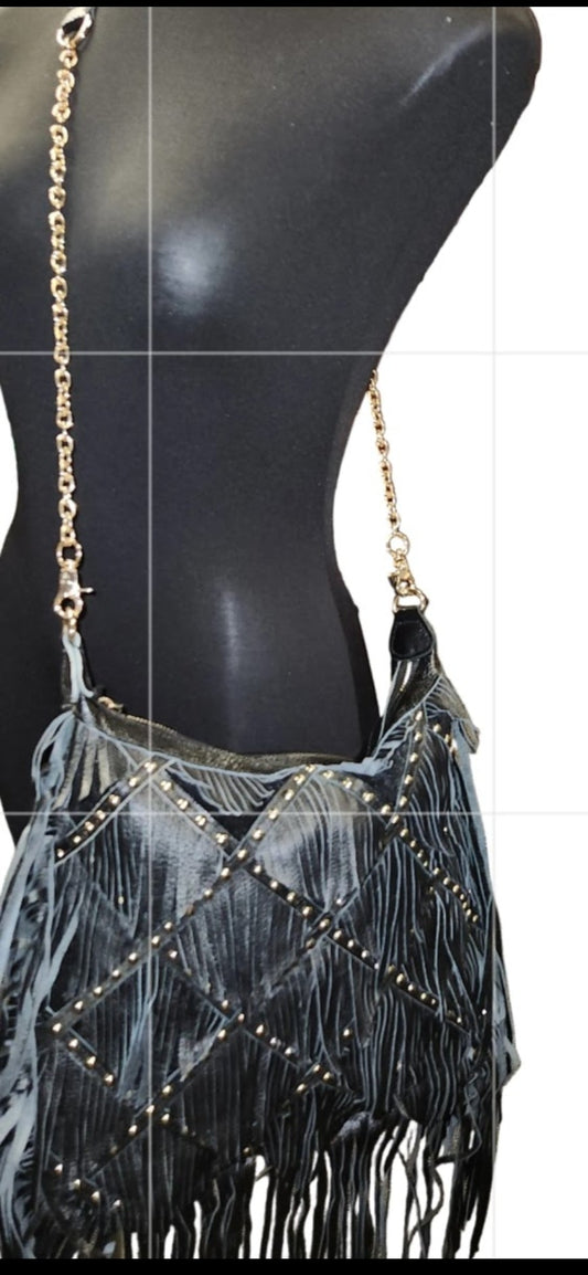 Blk Fringe Leather Handbag